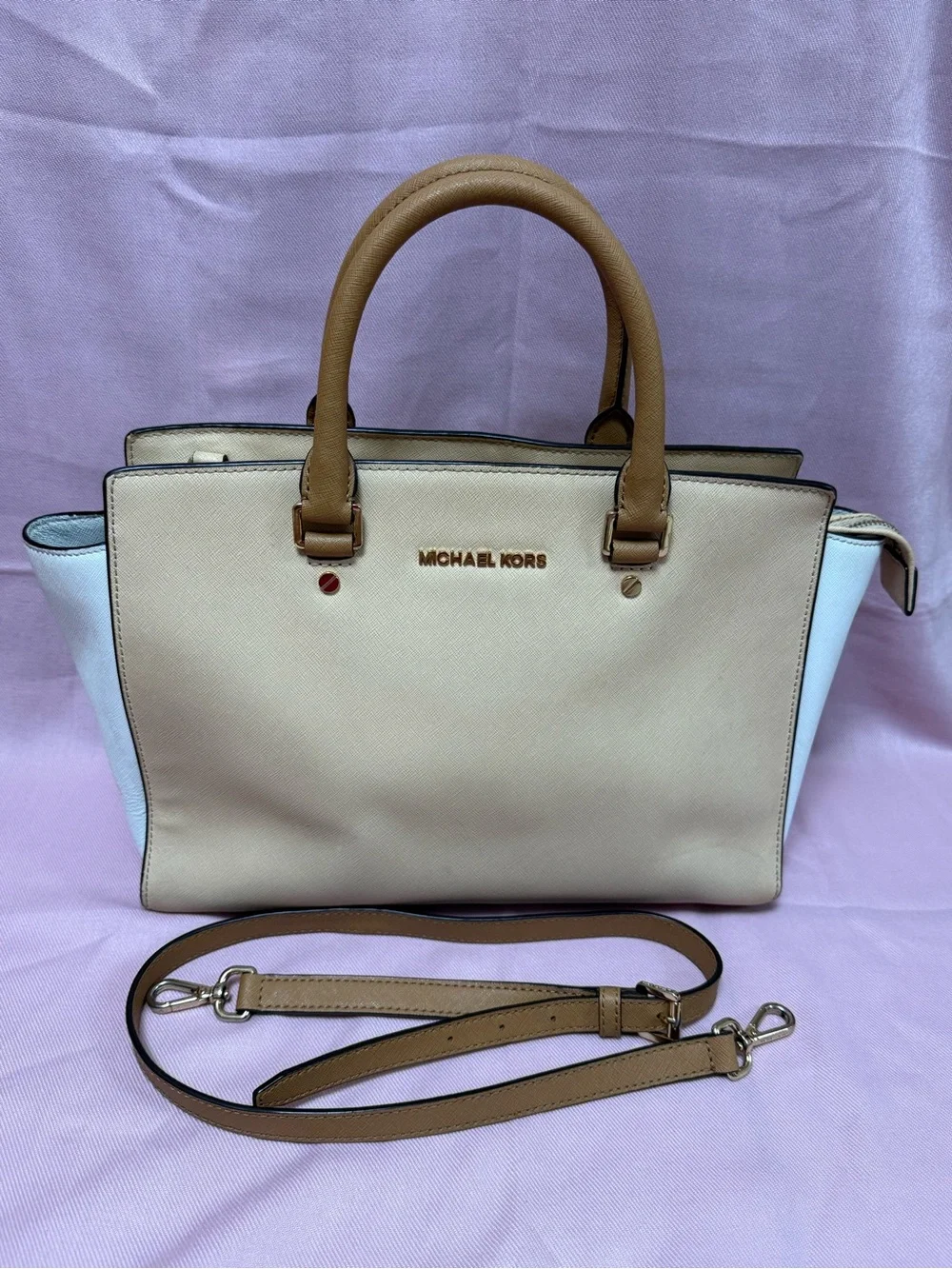 Michael Kors Selma Tan and White Saffiano Leather Satchel